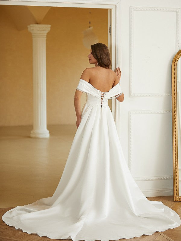 A-Line/Princess Satin Ruched Off-the-Shoulder Sleeveless Chapel Train Wedding Dresses