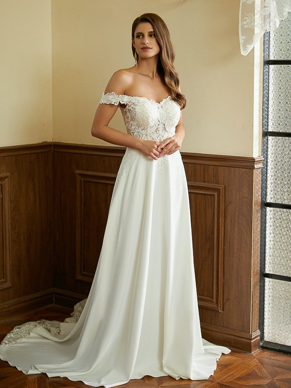 A-Line/Princess Stretch Crepe Lace Off-the-Shoulder Short Sleeves Court Train Wedding Dresses