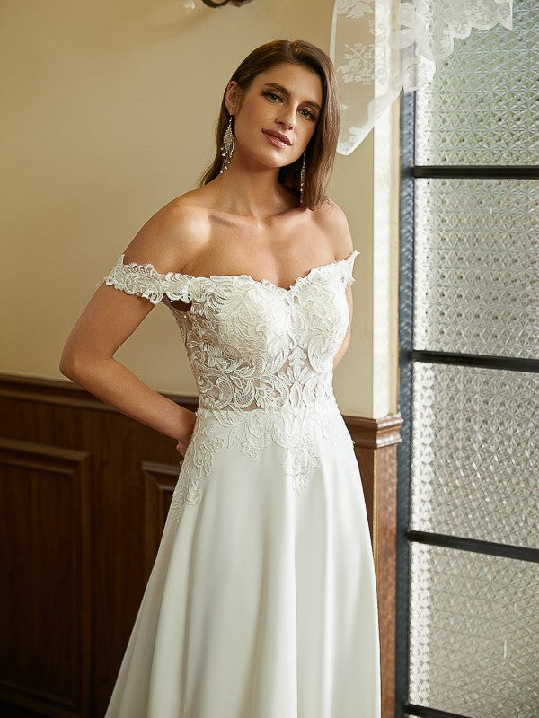 A-Line/Princess Stretch Crepe Lace Off-the-Shoulder Short Sleeves Court Train Wedding Dresses