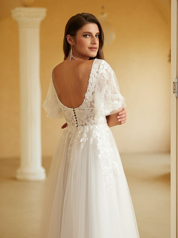 A-Line/Princess Tulle Lace V-neck Short Sleeves Floor-Length Wedding Dresses