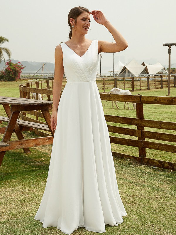 A-Line/Princess Chiffon Ruched V-neck Sleeveless Floor-Length Wedding Dresses