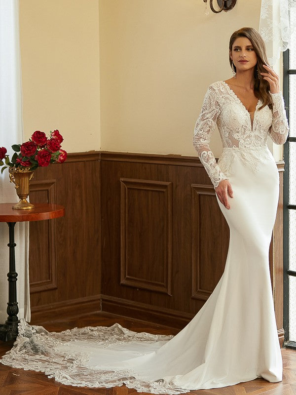 Sheath/Column Stretch Crepe Lace V-neck Long Sleeves Cathedral Train Wedding Dresses