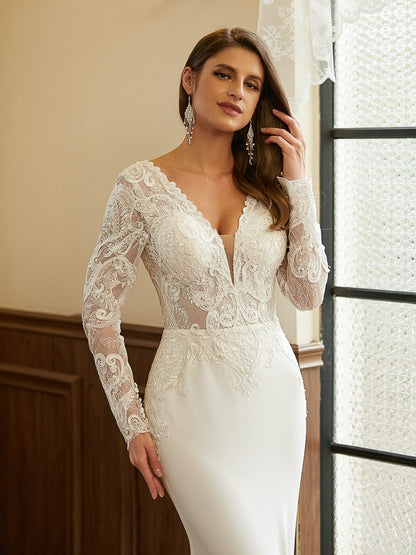 Sheath/Column Stretch Crepe Lace V-neck Long Sleeves Cathedral Train Wedding Dresses