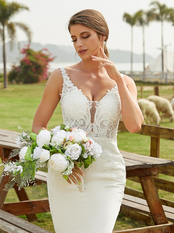 Sheath/Column Stretch Crepe Lace V-neck Sleeveless Cathedral Train Wedding Dresses