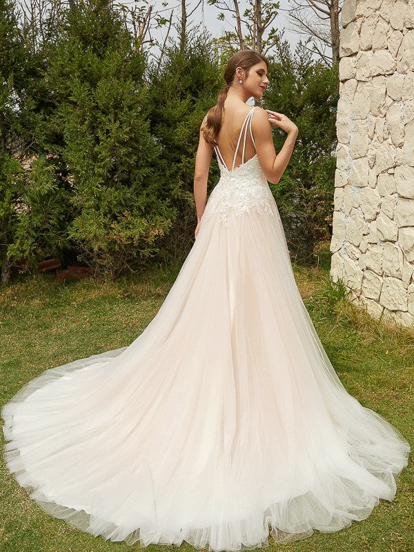 A-Line/Princess Tulle Applique V-neck Sleeveless Court Train Wedding Dresses