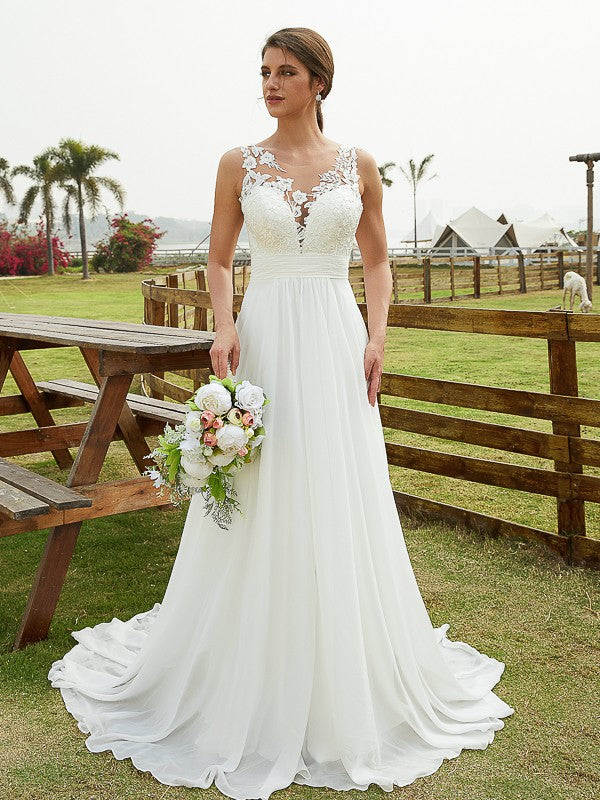 A-Line/Princess Chiffon Lace Scoop Sleeveless Sweep/Brush Train Wedding Dresses