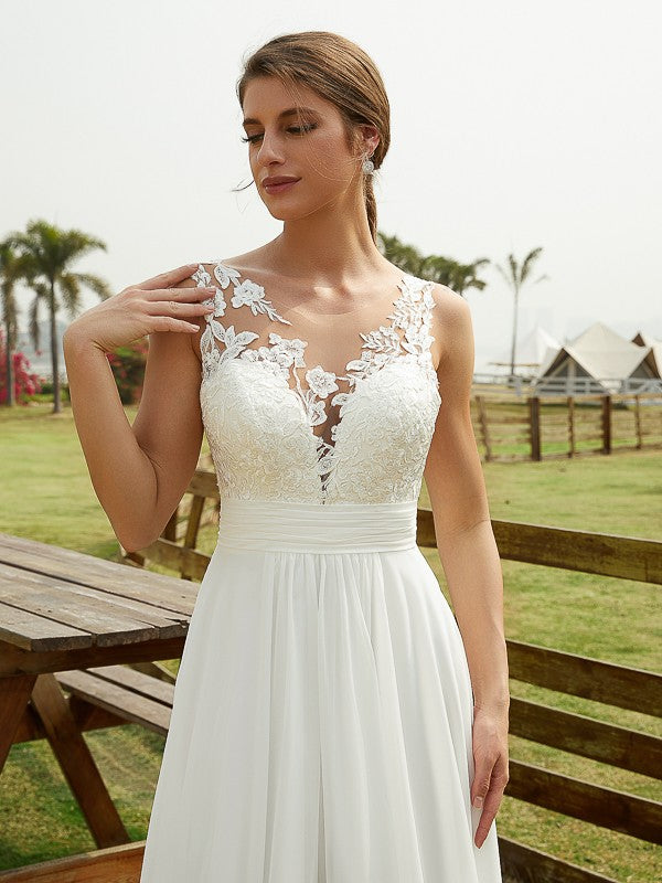 A-Line/Princess Chiffon Lace Scoop Sleeveless Sweep/Brush Train Wedding Dresses