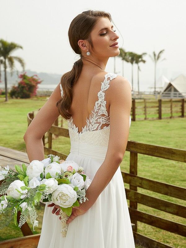 A-Line/Princess Chiffon Lace Scoop Sleeveless Sweep/Brush Train Wedding Dresses