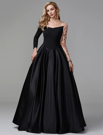 Ball Gown Vintage Dress Quinceanera Formal Evening Floor Length Long Sleeve Off Shoulder Satin with Sequin