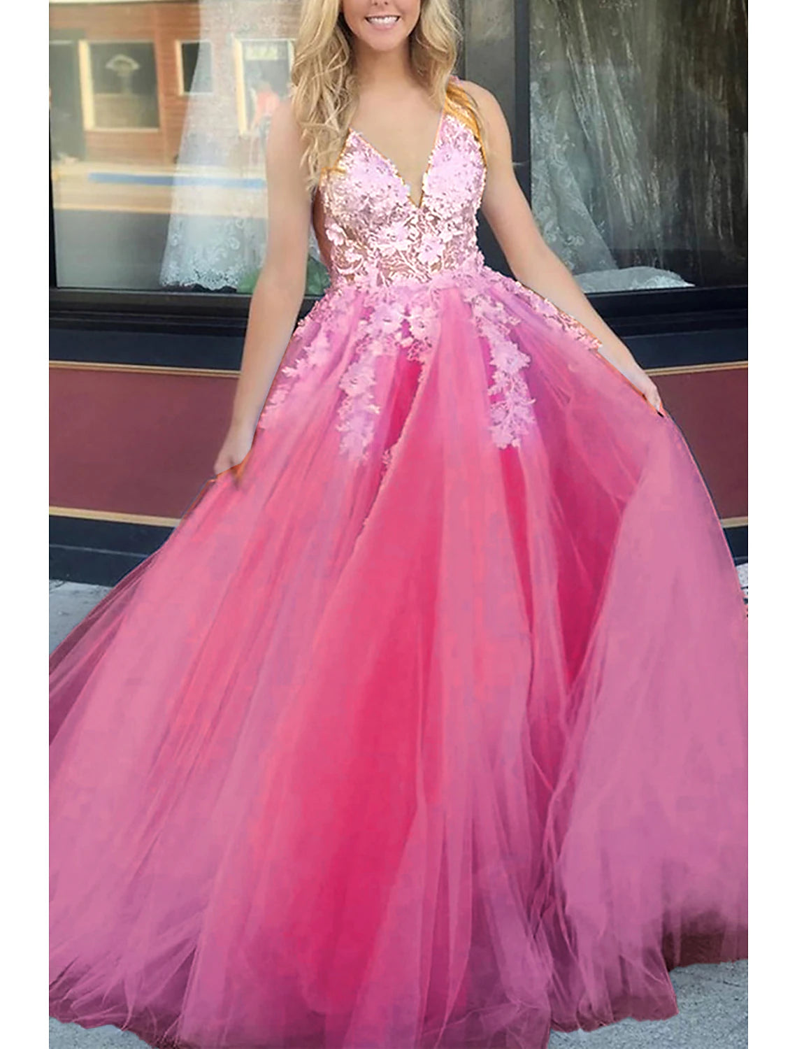 Ball Gown A-Line Prom Dresses Color Block Dress Formal Prom Floor Length Sleeveless V Neck Tulle Backless V Back with Beading Appliques