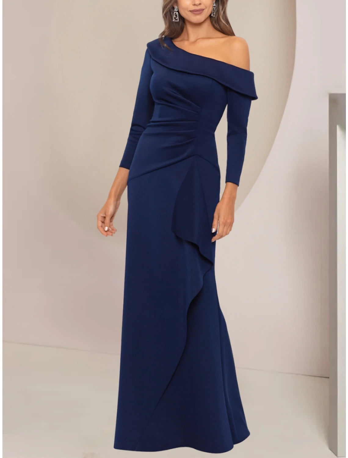 A-Line Mother of the Bride Dress Wedding Guest Elegant Party Off Shoulder Floor Length Stretch Fabric Long Sleeve with Ruffles Ruching Solid Color