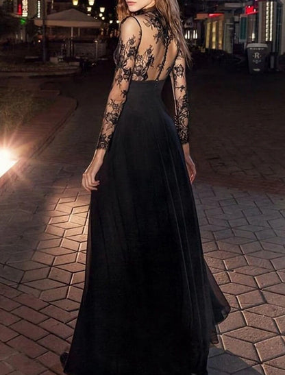 A-Line Evening Gown Vintage Dress Masquerade Floor Length Long Sleeve High Neck Black Dress Chiffon with Appliques