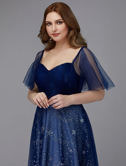 A-Line Plus Size Dress Prom Formal Evening Floor Length Short Sleeve Sweetheart Tulle Lace-up with Beading Pattern / Print