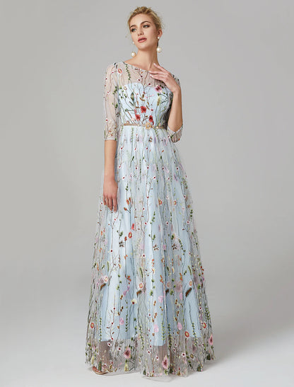 A-Line Evening Gown Floral Dress Holiday Wedding Guest Floor Length 3/4 Length Sleeve Illusion Neck Lace with Embroidery
