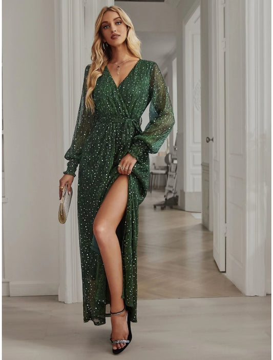 A-Line Party Dresses Sparkle & Shine Dress Birthday Fall Ankle Length Long Sleeve V Neck Chiffon with Glitter Sequin Slit