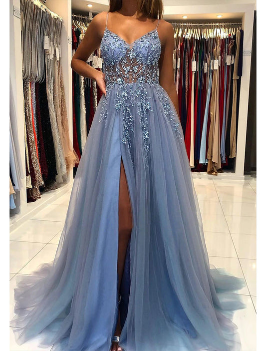 A-Line Prom Party Dress Princess Dress Formal Prom Court Train Sleeveless V Neck Tulle with Beading