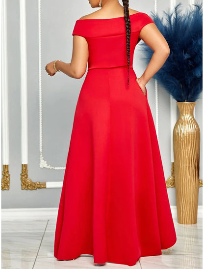 Women's Prom Dress Party Dress Wedding Guest Dress Long Dress Maxi Dress Black White Red Short Sleeve Plain Ruffle Summer Spring Fall V Neck Elegant Wedding Guest Evening Party Vacation