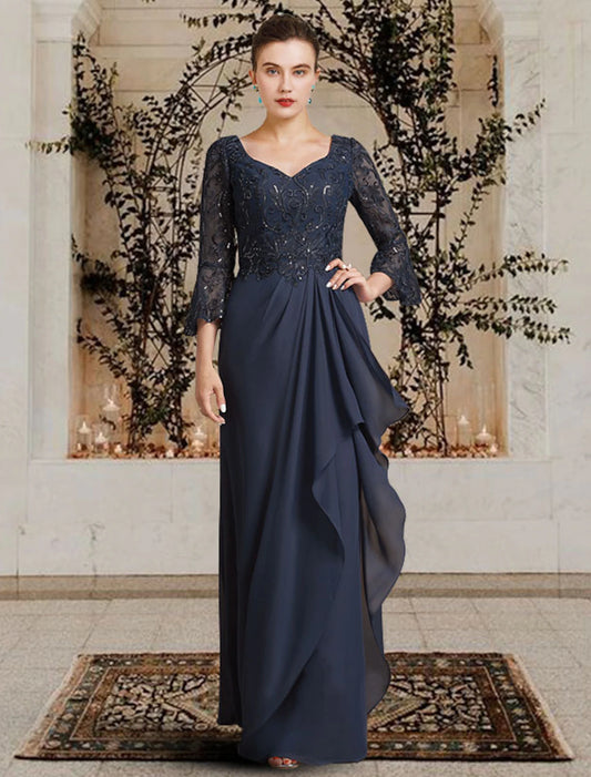 Sheath / Column Mother of the Bride Dress Elegant V Neck Floor Length Chiffon Lace 3/4 Length Sleeve with Pleats Appliques