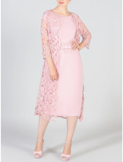 Two Piece Sheath / Column Mother of the Bride Dress Wedding Guest Elegant Petite Scoop Neck Knee Length Chiffon Lace 3/4 Length Sleeve with Bow(s) Split Front