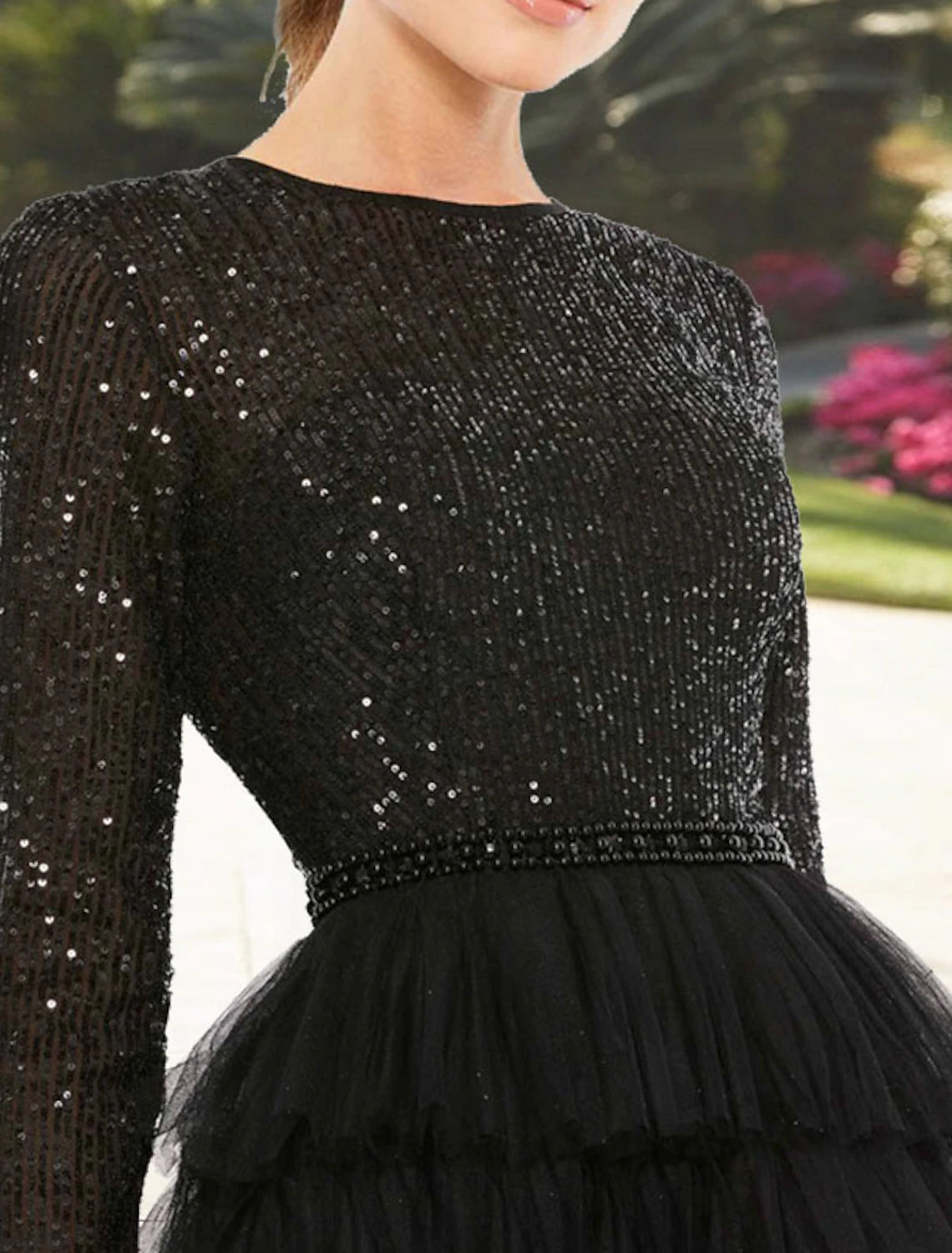A-Line Cocktail Dresses Elegant Dress Wedding Guest Party Wear Tea Length Long Sleeve Jewel Neck Fall Wedding Guest Tulle with Sequin Tiered