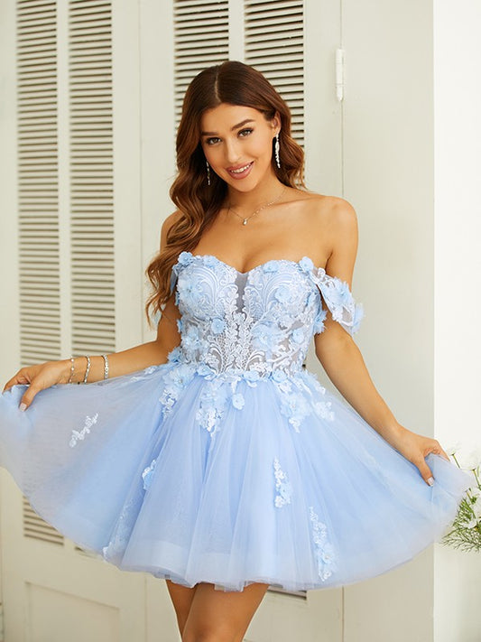 A-Line/Princess Tulle Applique Off-the-Shoulder Sleeveless Short/Mini Dresses