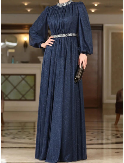 A-Line Evening Gown Elegant Dress Formal Floor Length Long Sleeve Jewel Neck Lurex Fabric with Rhinestone Pleats