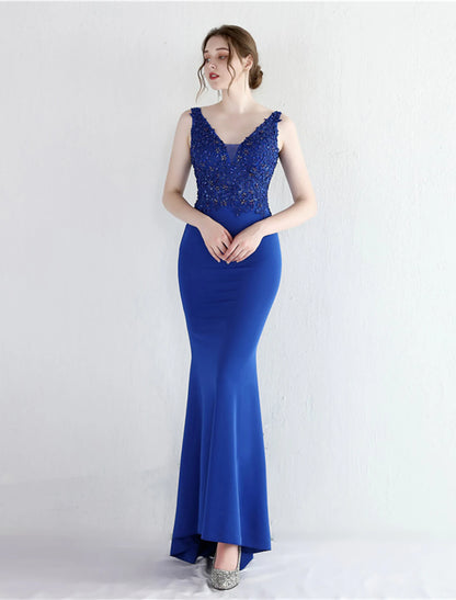Mermaid / Trumpet Evening Gown Elegant Dress Formal Sweep / Brush Train Sleeveless V Neck Cotton Blend with Beading Appliques