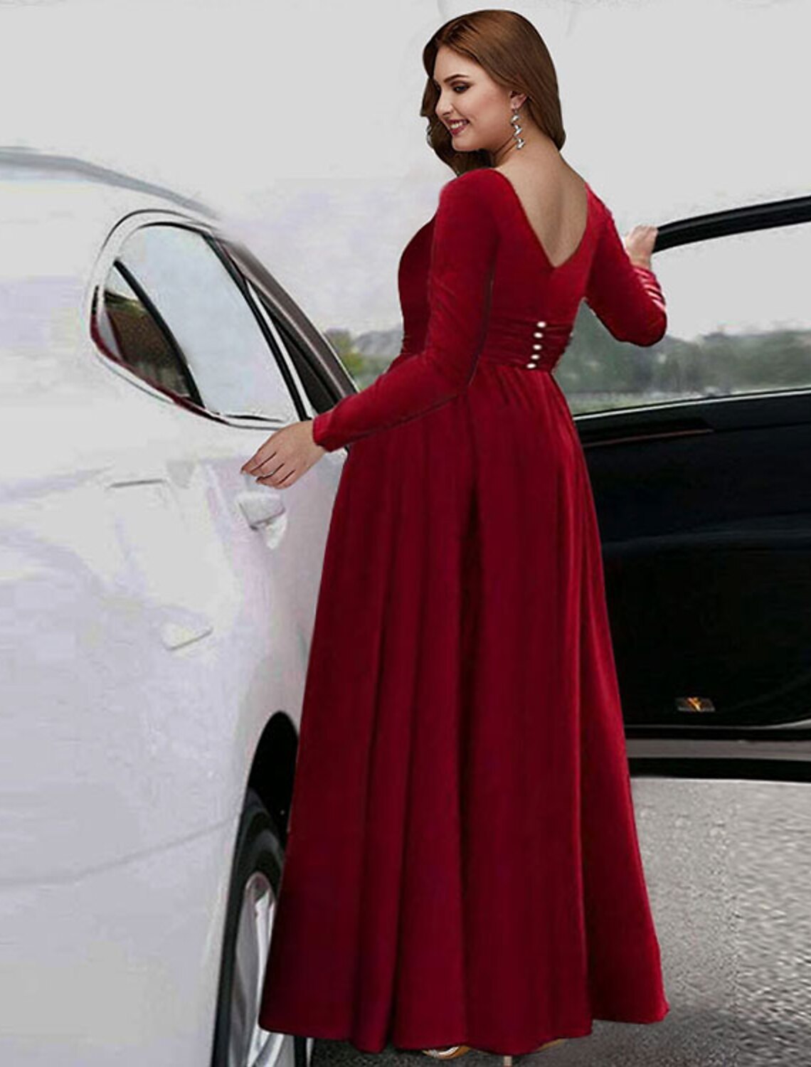 A-Line Empire Plus Size Holiday Formal Evening Dress V Neck Long Sleeve Floor Length Stretch Chiffon with Pleats Slit Pure Color