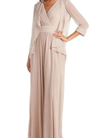 Two Piece Mother of the Bride Dress Simple Elegant V Neck Floor Length Chiffon 3/4 Length Sleeve with Pleats Solid Color