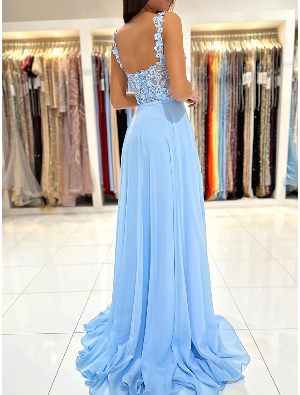 A-Line Prom Dresses Empire Dress Formal Prom Court Train Sleeveless Spaghetti Strap Chiffon Backless with Appliques
