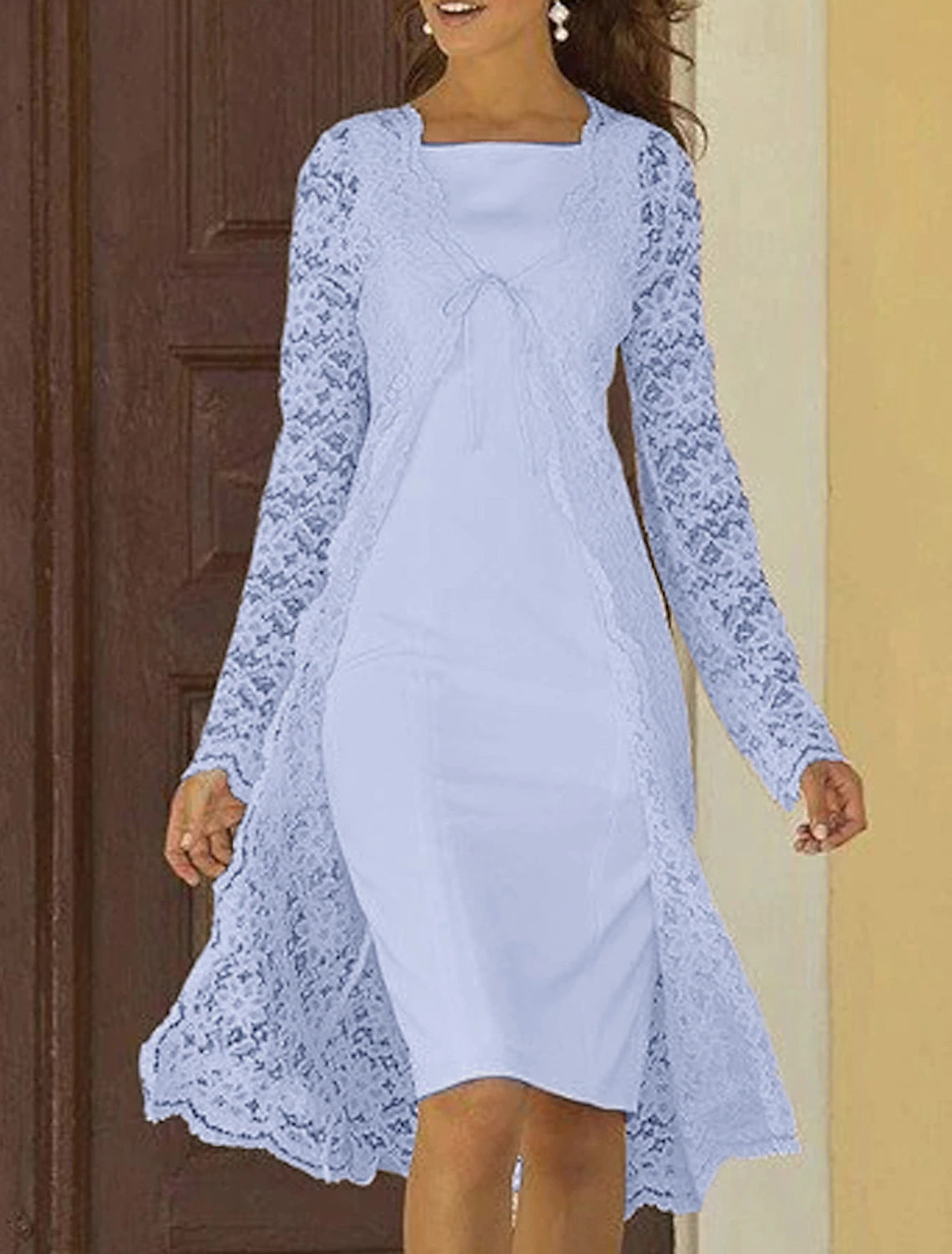 Two Piece Sheath / Column Mother of the Bride Dress Fall Wedding Guest Dresses Church Elegant Square Neck Knee Length Chiffon Lace Sleeveless Jacket Dresses with Solid Color