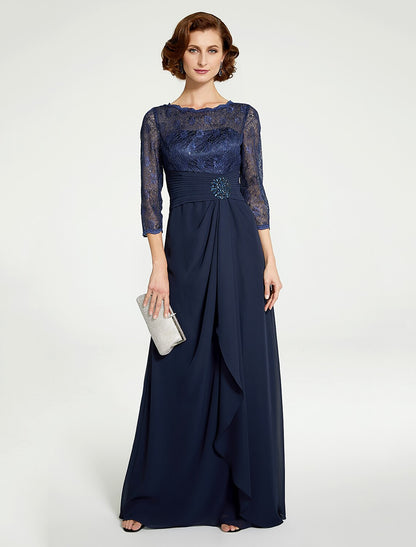 A-Line Mother of the Bride Dress Jewel Neck Floor Length Chiffon Lace 3/4 Length Sleeve with Lace Ruching