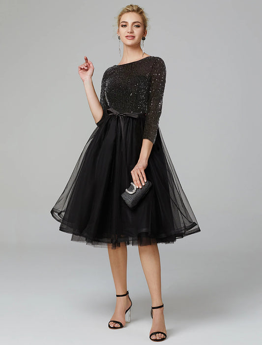 A-Line Cocktail Dresses Elegant Dress Formal Wedding Guest Tea Length 3/4 Length Sleeve Jewel Neck Fall Wedding Guest Tulle with Sequin Strappy