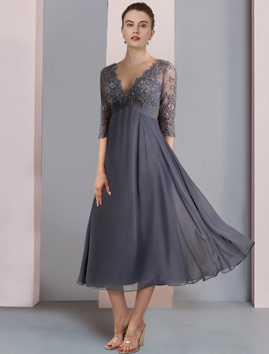 A-Line Mother of the Bride Dress Formal Wedding Guest Vintage Elegant V Neck Tea Length Chiffon Lace Half Sleeve with Beading Sequin Appliques