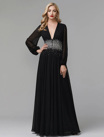 A-Line Evening Dress Celebrity Red Carpet Formal Gown Black Tie Wedding Guest Floor Length Long Sleeve V Neck Chiffon with Sequin