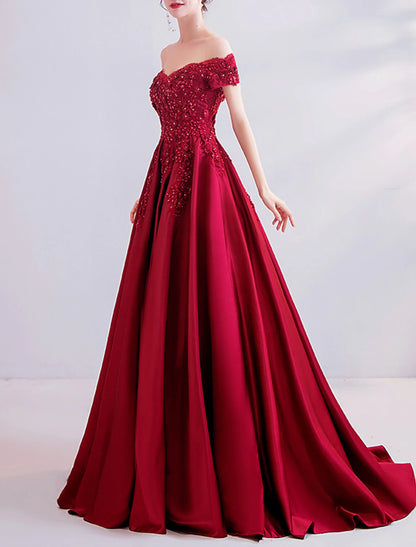 A-Line Sexy Engagement Formal Evening Dress Off Shoulder Short Sleeve Sweep / Brush Train Lace with Pleats Beading
