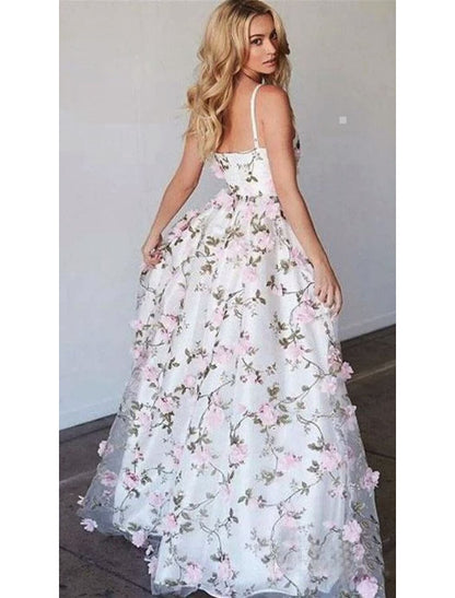 A-Line Prom Dresses Floral Dress Formal Floor Length Sleeveless V Neck Lace with Floral Print