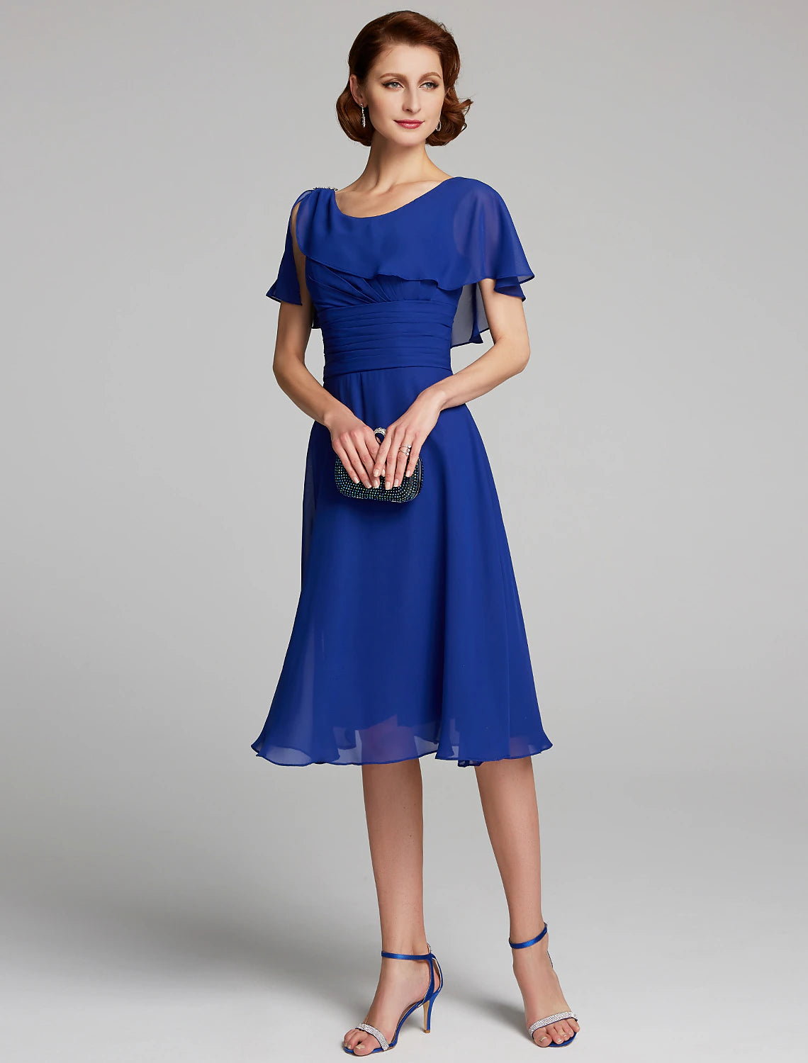 A-Line Mother of the Bride Dress Cowl Neck Knee Length Chiffon Short Sleeve with Ruffles