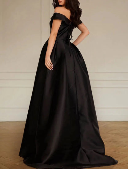 Engagement Formal Black Wedding Dresses A-Line Off Shoulder Sleeveless Sweep / Brush Train Satin Bridal Gowns With Pleats Split Front