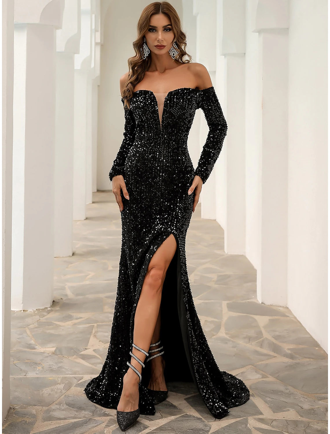 A-Line Evening Gown Sparkle & Shine Dress Formal Fall Sweep / Brush Train Long Sleeve Off Shoulder Velvet with Sequin Slit