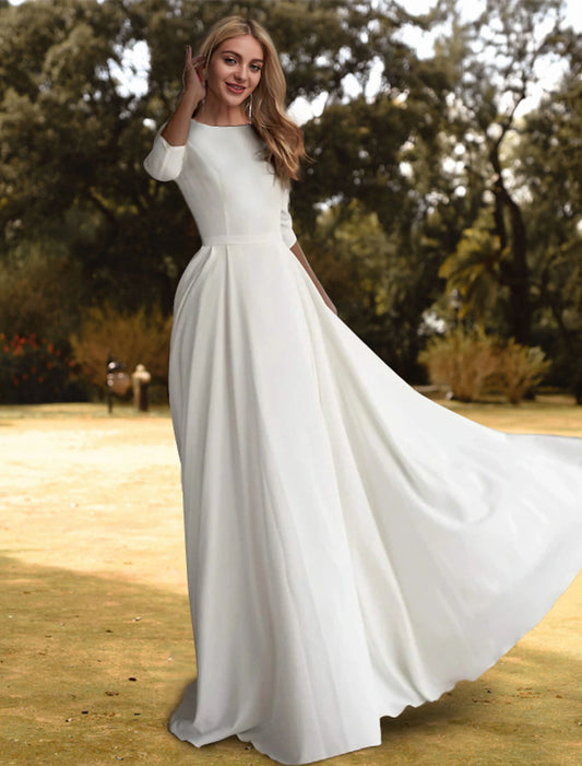 Hall Casual Fall Wedding Dresses A-Line Scoop Neck 3/4 Length Sleeve Sweep / Brush Train Stretch Fabric Bridal Gowns With Pleats Solid Color Summer Wedding Party