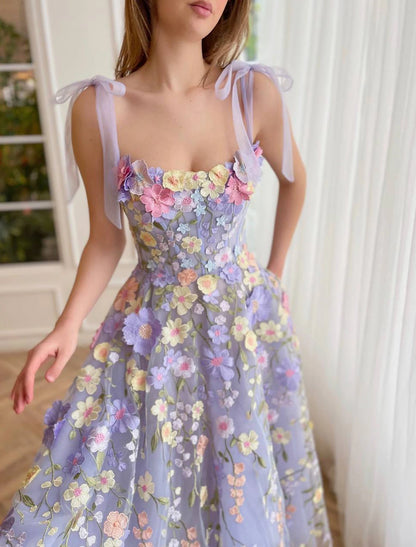 A-Line Cocktail Dresses Corsets Dress Wedding Guest Summer Tea Length Sleeveless Scoop Neck Bridesmaid Dress Tulle with Appliques