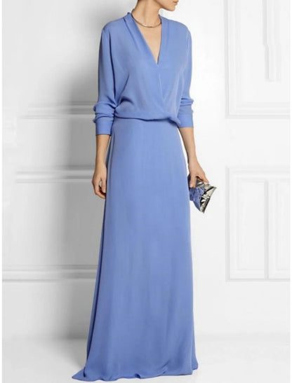 Sheath / Column Mother of the Bride Dress Wedding Guest Simple Elegant V Neck Sweep / Brush Train Chiffon Long Sleeve with Solid Color