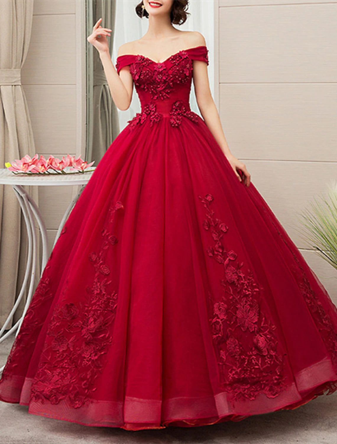 Ball Gown Quinceanera Dresses Princess Dress Floor Length Sleeveless Off Shoulder Polyester with Appliques