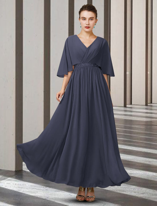 A-Line Mother of the Bride Dress Elegant V Neck Ankle Length Chiffon Half Sleeve with Sash / Ribbon Pleats