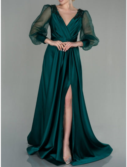 A-Line Evening Gown Elegant Dress Formal Fall Floor Length Long Sleeve V Neck Satin with Pleats Slit Shouder Flower