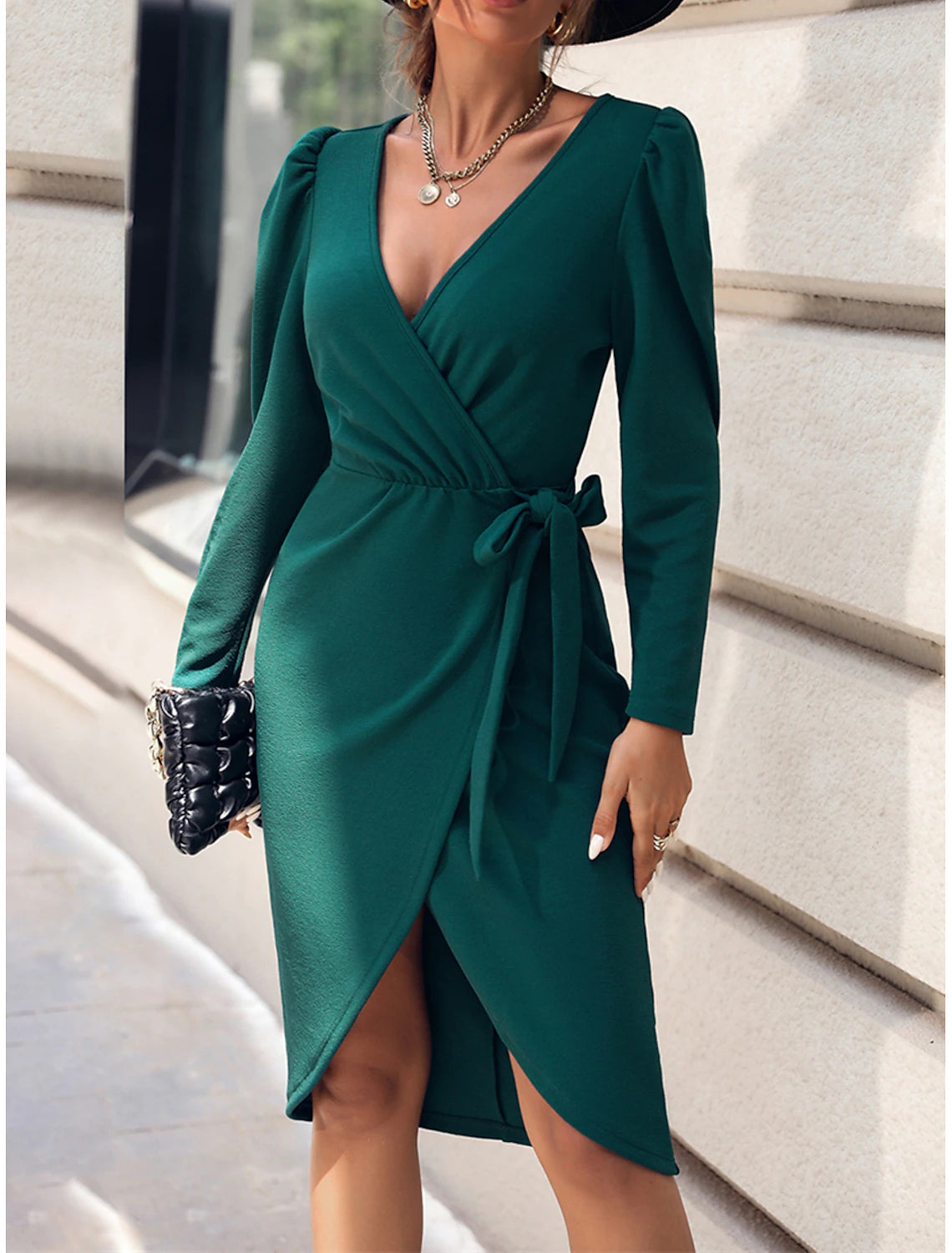 Women's Party Dress Cocktail Dress Green Dress Lace up Ruched V Neck Long Sleeve Midi Dress Christmas Birthday Green Spring Winter