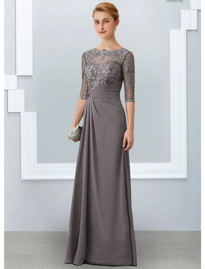 Sheath / Column Mother of the Bride Dress Elegant Jewel Neck Floor Length Chiffon Lace 3/4 Length Sleeve with Appliques