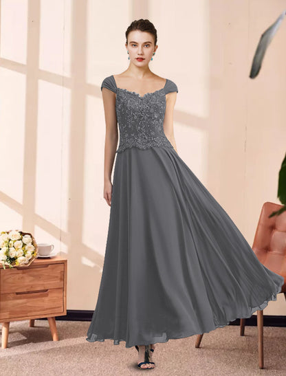Two Piece A-Line Mother of the Bride Dress Elegant V Neck Ankle Length Chiffon Lace Sleeveless with Pleats Appliques