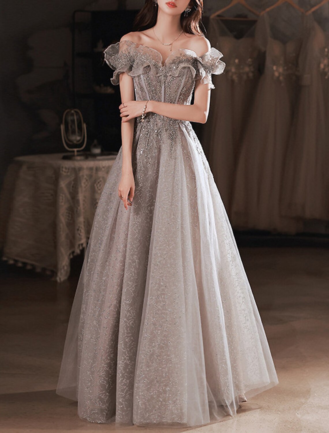 A-Line Sparkle & Shine Prom Formal Evening Dress Off Shoulder Short Sleeve Floor Length Polyester with Sequin Ruffles